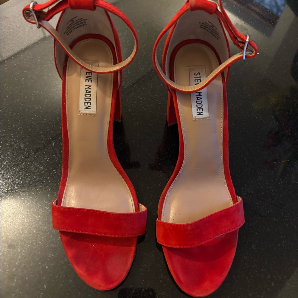 Red suede strappy heels